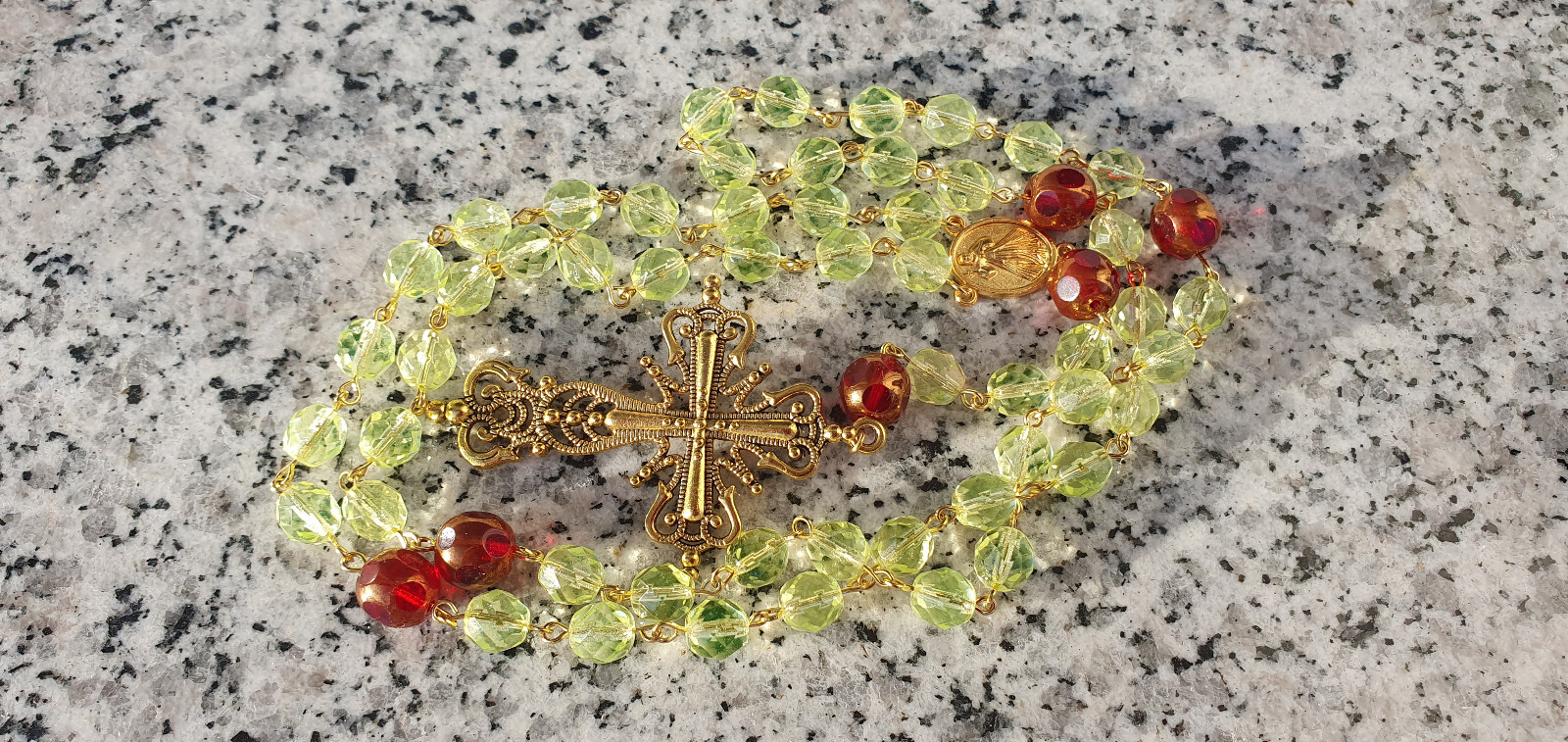 Rosary gothic cross czech uraniumglass beads vintage style jewelry #24091