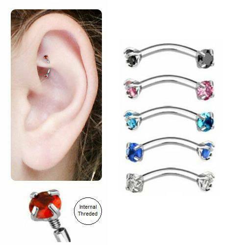 5Pc CZ Gem Eyebrow Stud Piercing Tragus Rook Curved Barbell Lip Ring Jewelry 16G