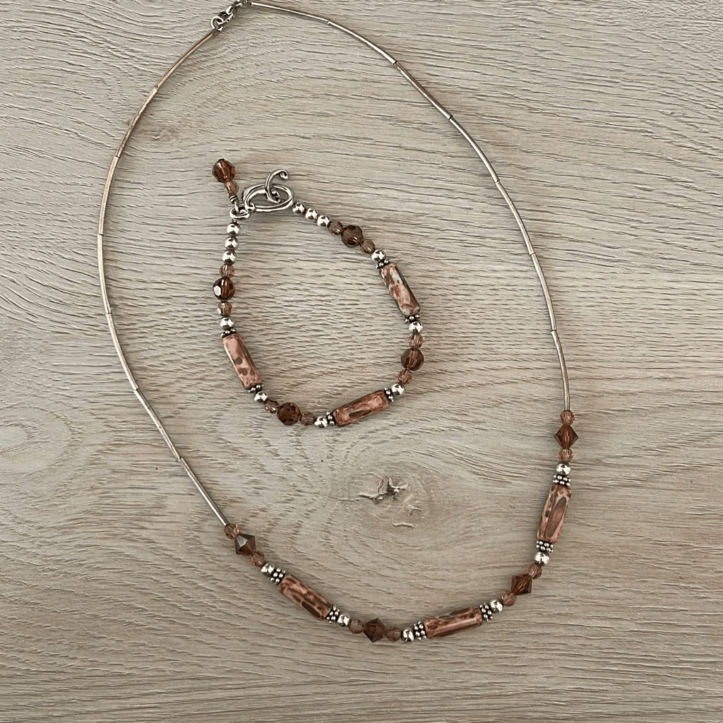 Handmade Unisex Pipe Beads Necklace And Bracelet 2 Piece Set Brown Silver OS