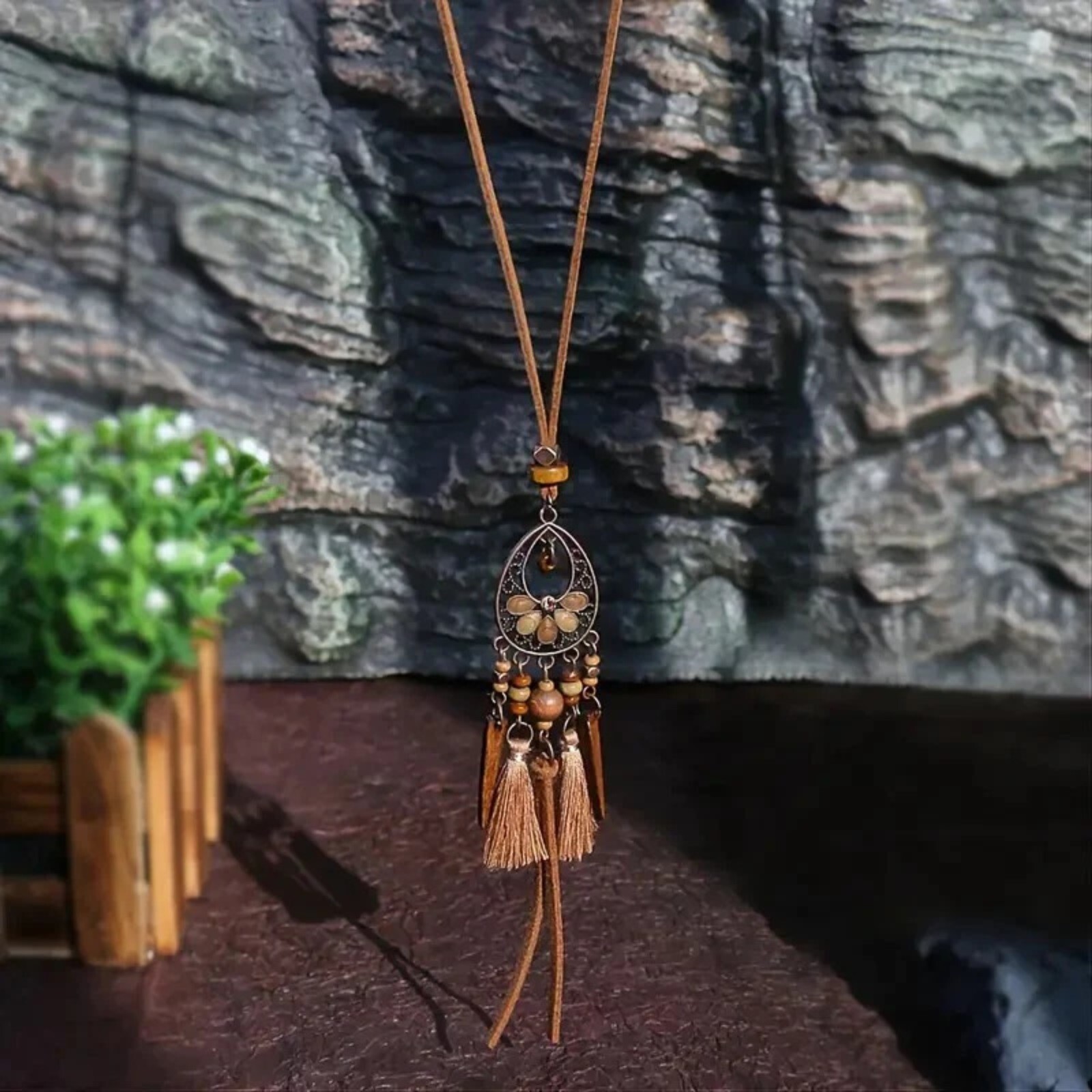 Rustic Antique Copper Enamel Tassel Pendant Vegan Suede Long Boho Necklace