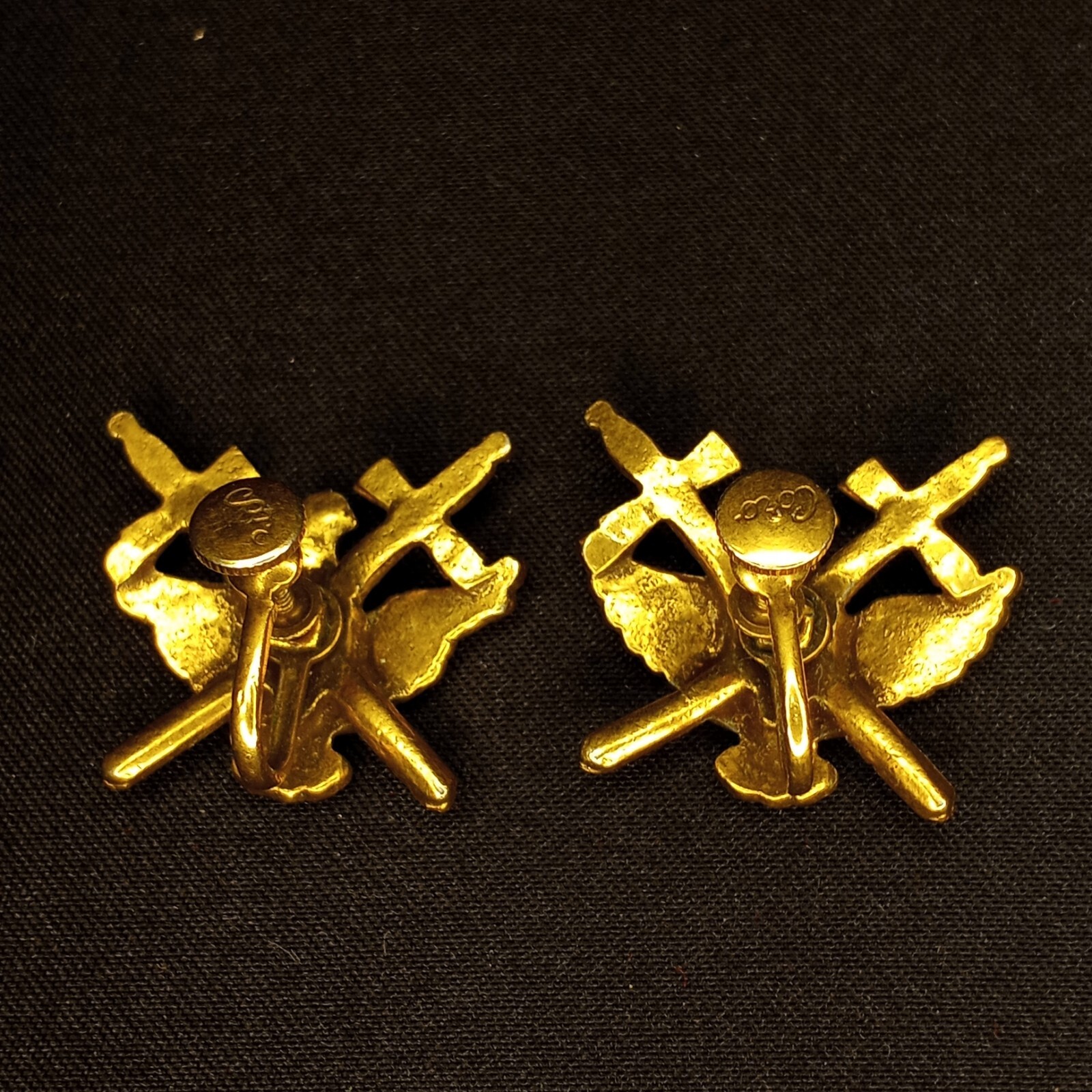 Large Vintage Earrings Sword Shield Crown Eagle Pin Military Style Gold Tone