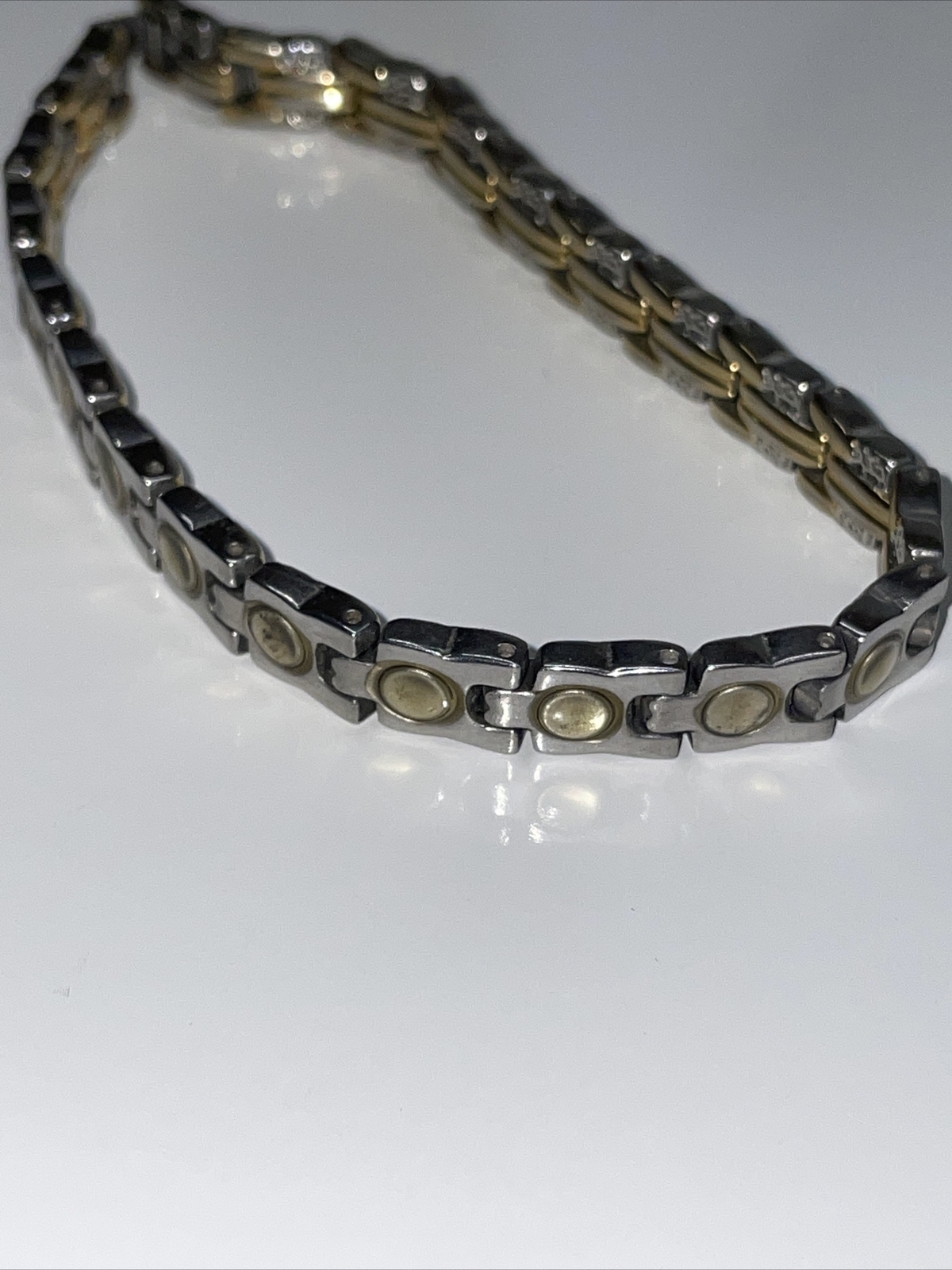 FDP Stainless Steel Magnetic Link Bracelet Silver And Gold Tone Long VTG A268
