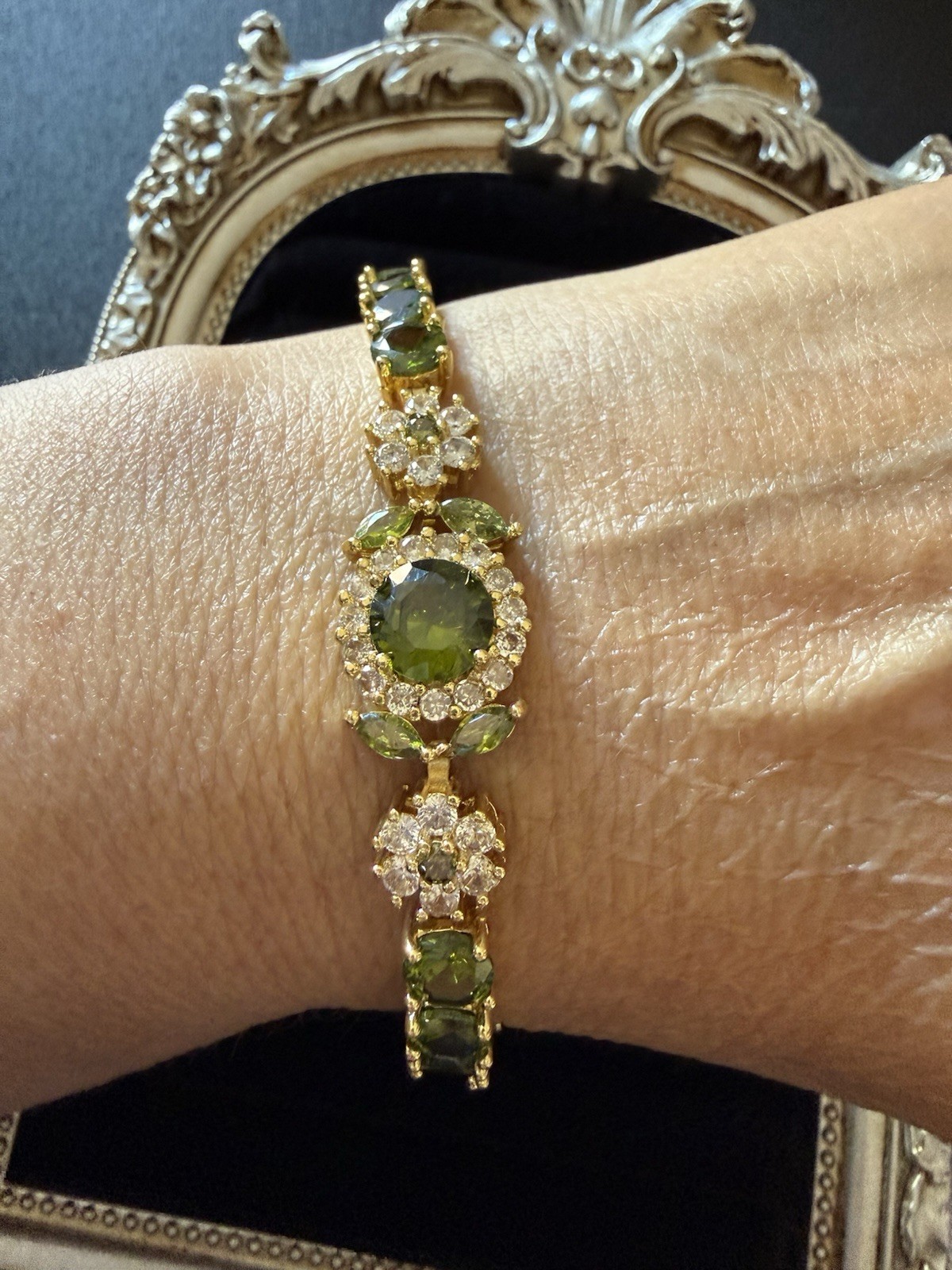 Yellow Gold Plated Green Round Stone Tennis Bracelet with Lobster Clasp
