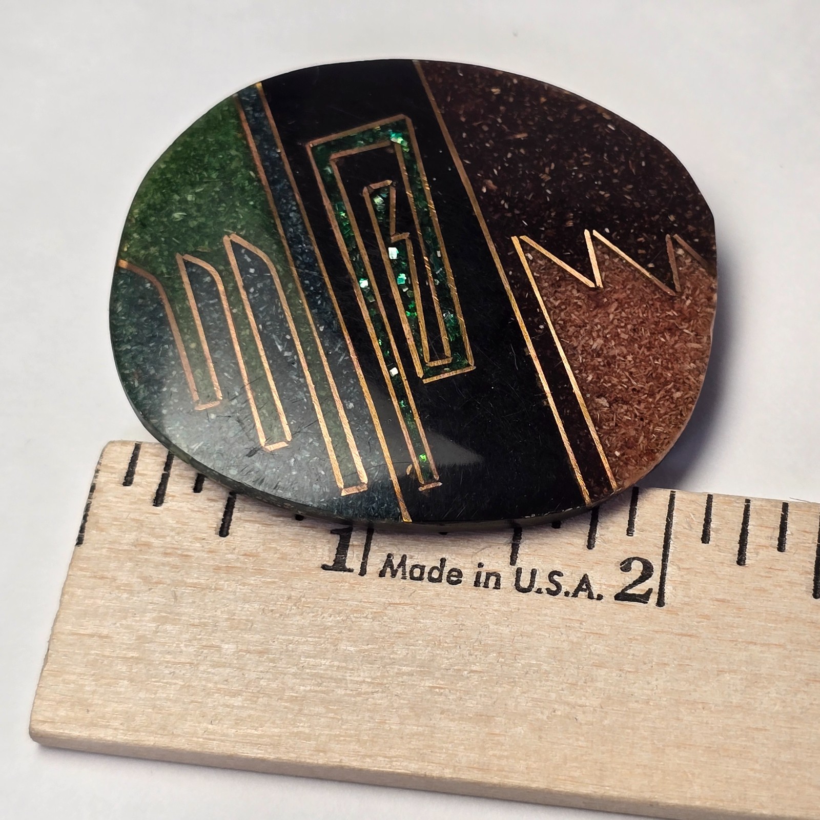 Vintage 80s Abstract Geometric Inlay Brooch Copper Line Resin Stone Southwest