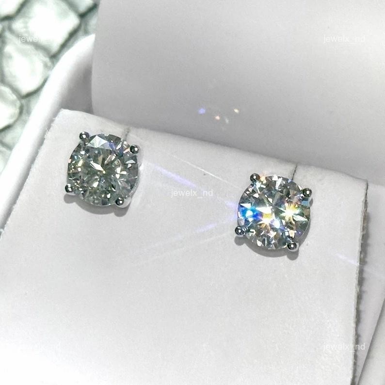 Round Natural Diamond Christmas New Stud Artisan Earrings Jewelry 14K White Gold