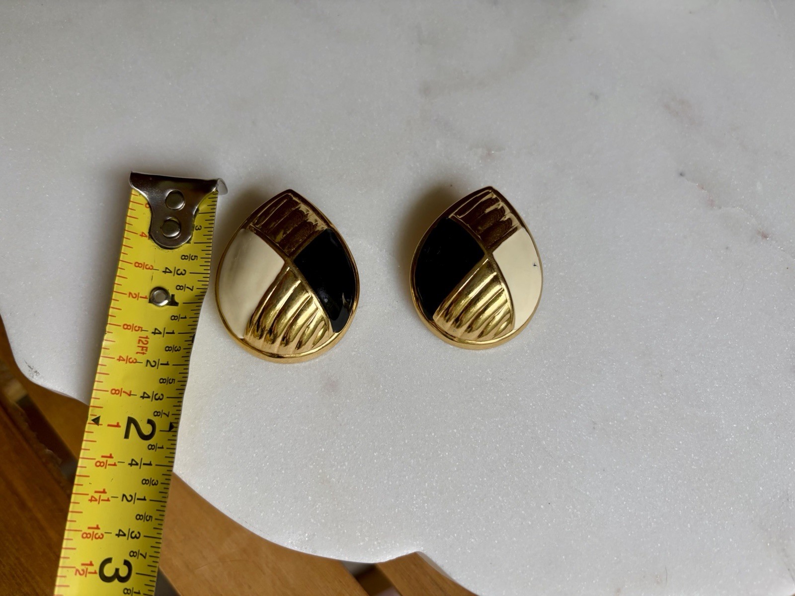 Vintage Gold Tone Black Ivory Enamel Statement Geometric Earrings