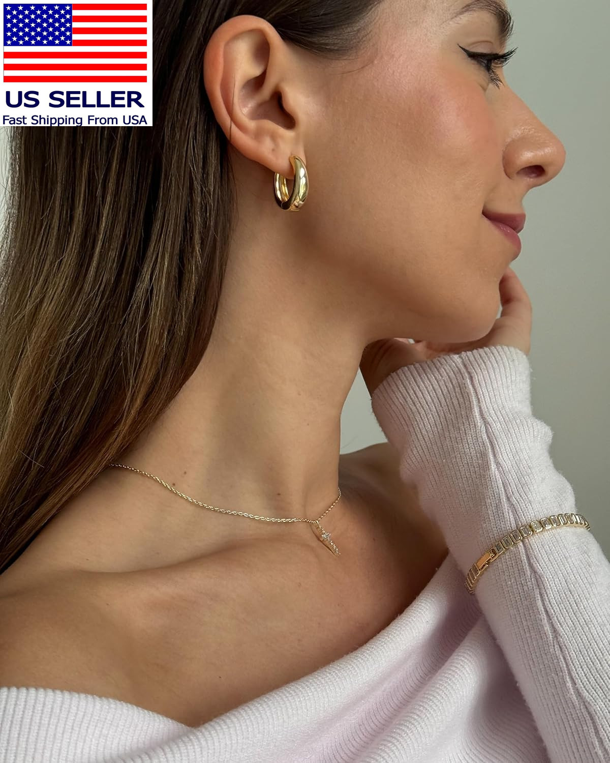 14K Gold Plated 925 Sterling Silver Post Small Chunky Hoops Earrings | Thick Lig