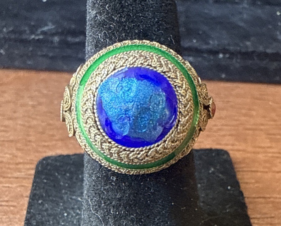 Antique Chinese Export Silver Vermeil Enamel Blue Basketweave Ring Adj Sz 4