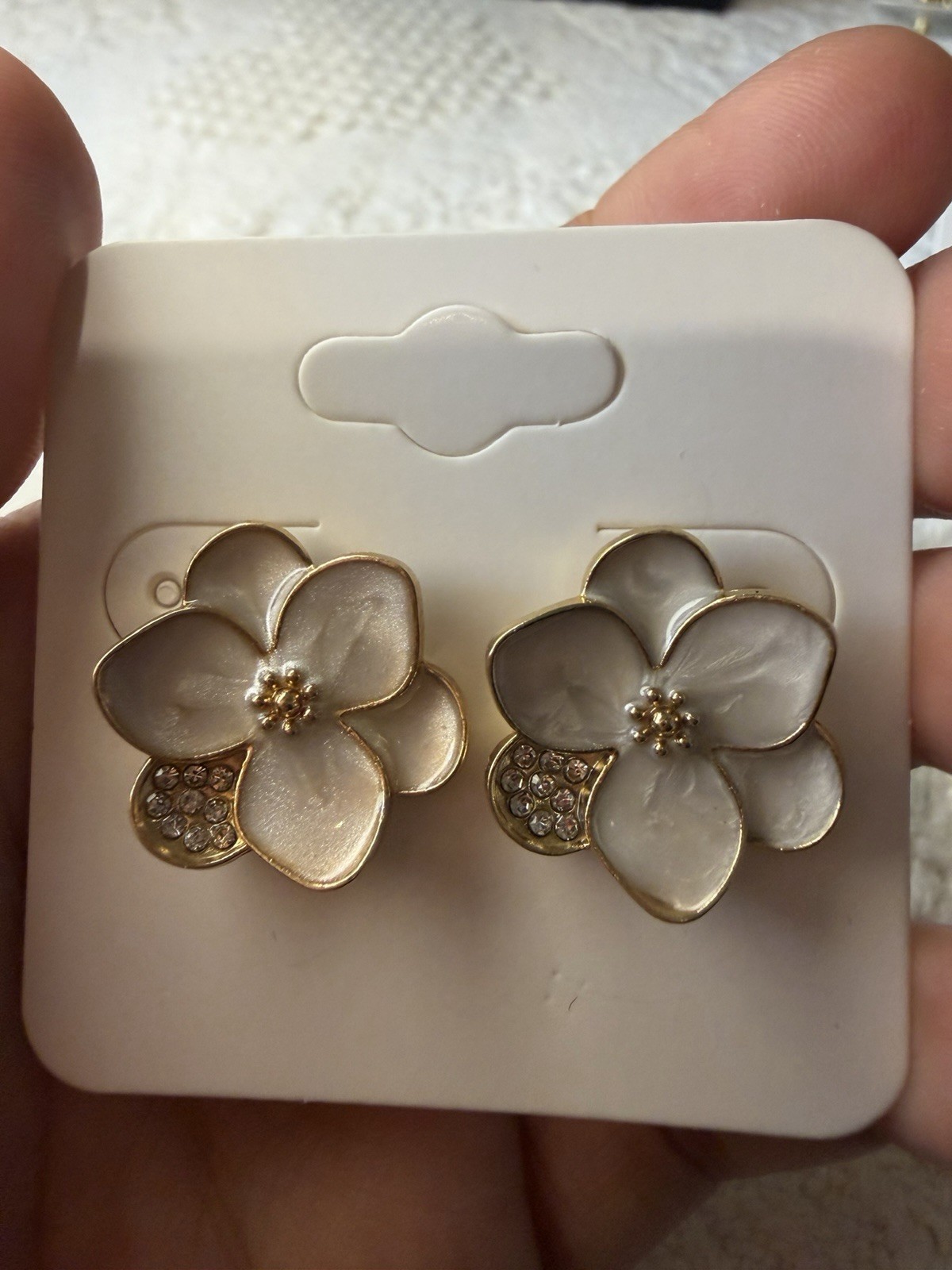 Gold-Tone White Flower Stud Earrings, Clear Crystal Accent, Metal/Plastic