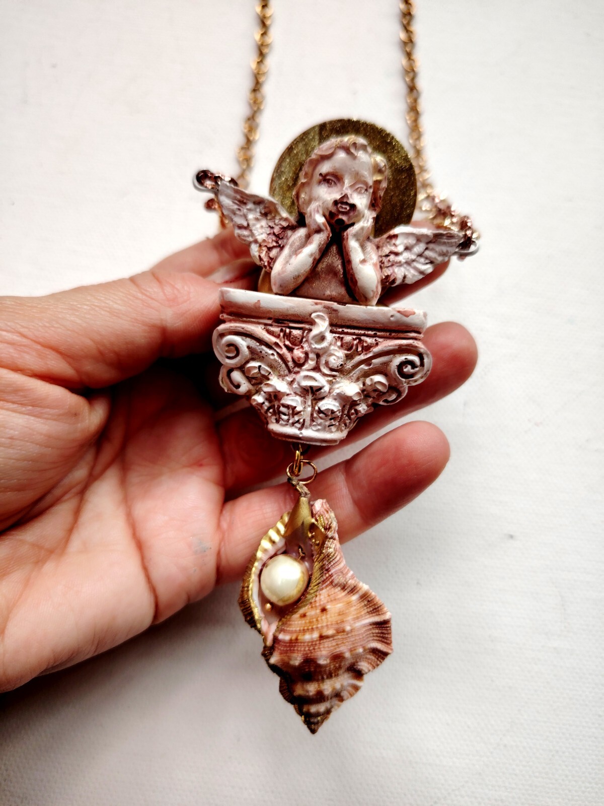 Necklace Winged Angel Cherub Talisman Baroque Pendant Amulet Shell Charm Jewelry