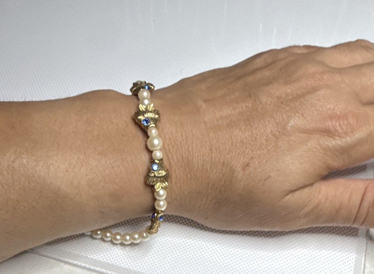 1928 Jewelry- Blue & Gold Fish Pearl Bracelet with Lobster Clasp