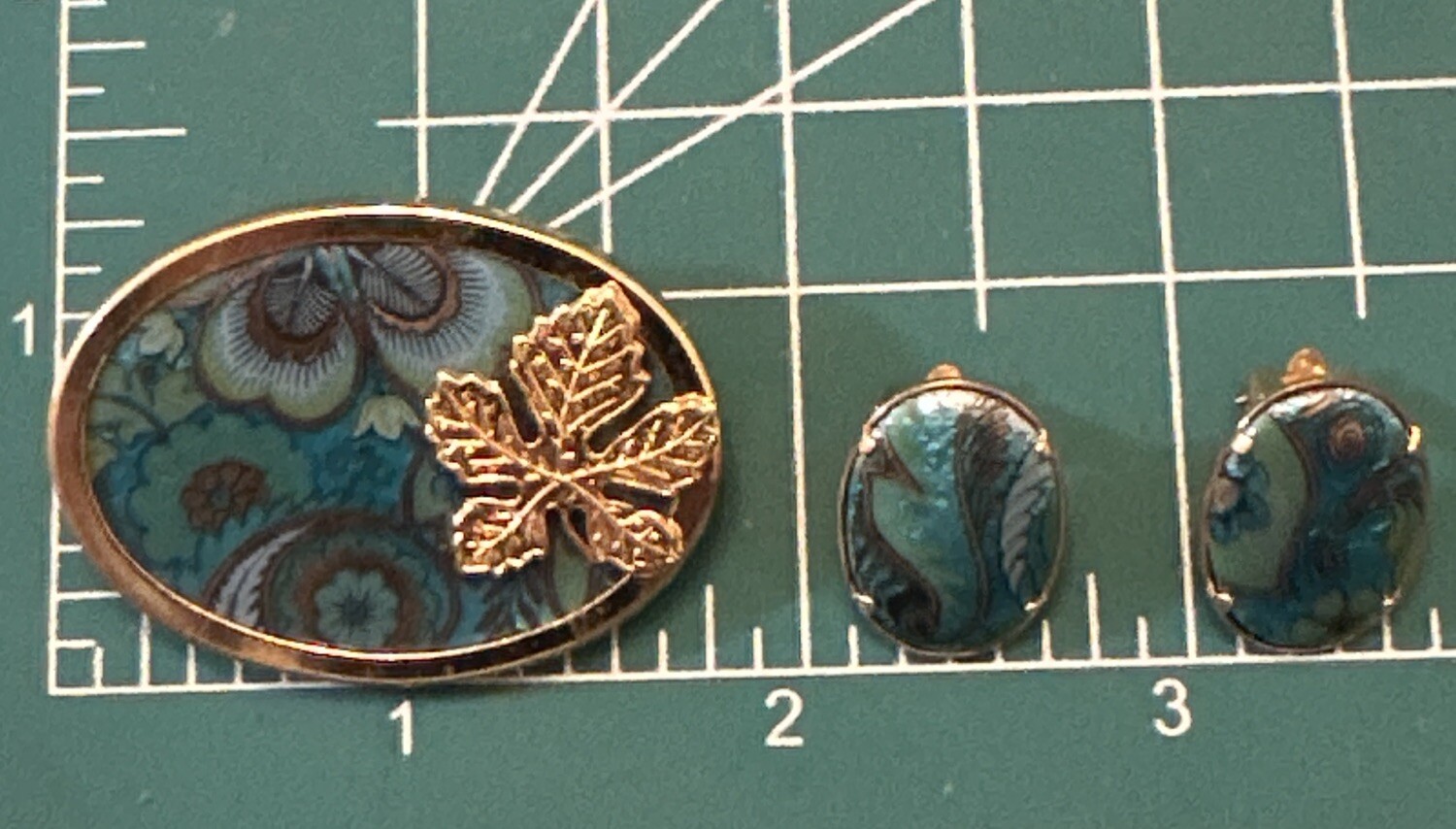VINTAGE JEWELRY BROOCH EARRINGS SET ai MIDAS SPAIN BLUE ENAMEL TROMBONE CLASP