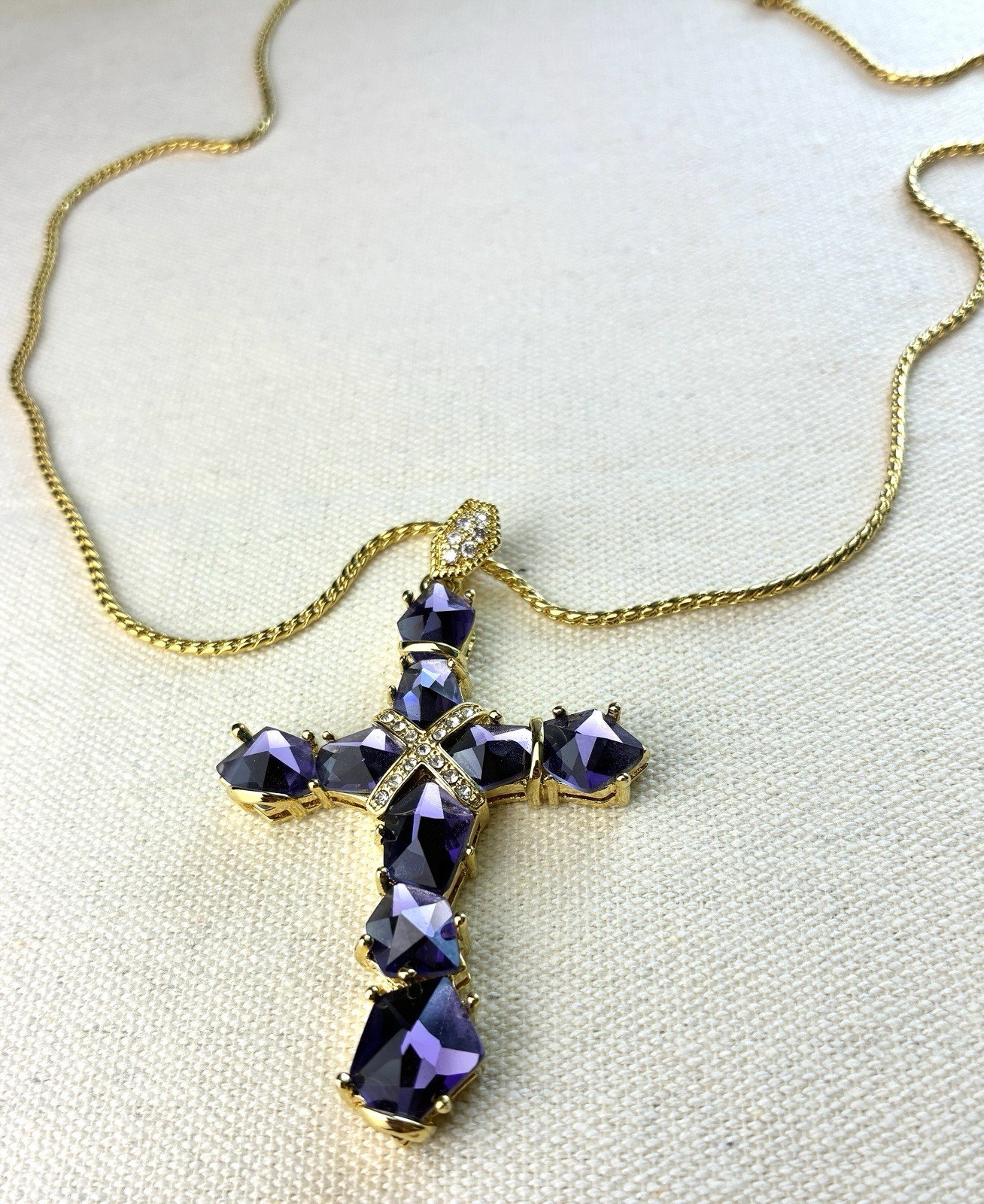 Real Collectibles Adrienne Amethyst Crystal Cross Necklace Gold HSN Box & Card