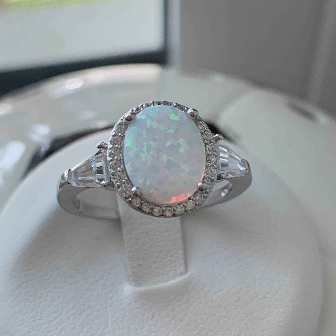 Sterling Silver Oval White Lab Opal Ring with CZ, Wedding Rings, Engagement Ring