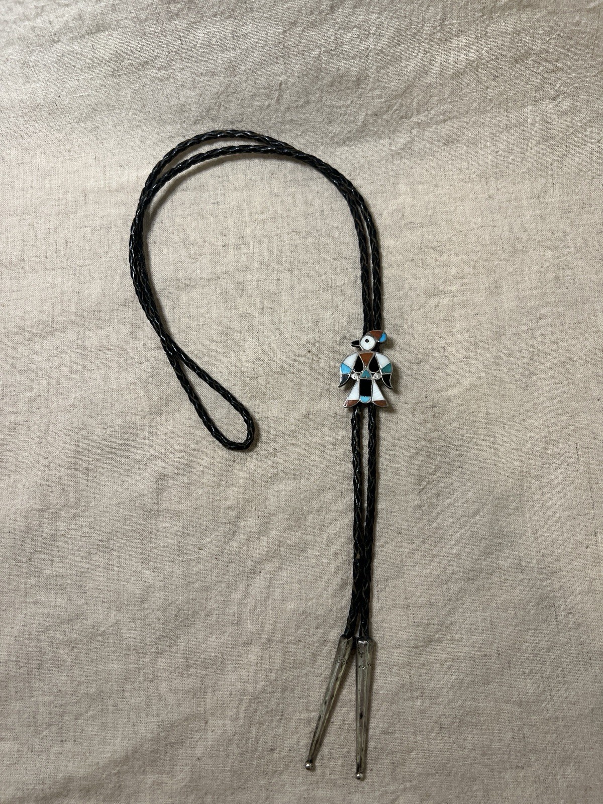 Vintage Circa 1950 Zuni Sterling Silver Mosaic Inlay Thunderbird Bolo Tie