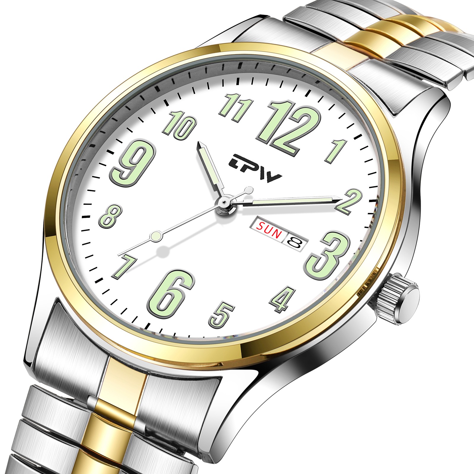 Large Arabic Numeral Easy to read Date Watch Stainless Steel Band Wristwatch