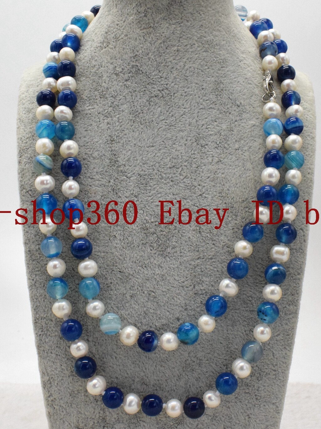 Long 36 Inch 7-8mm Genuine White Pearl & 8mm Blue Striped Agate Necklace