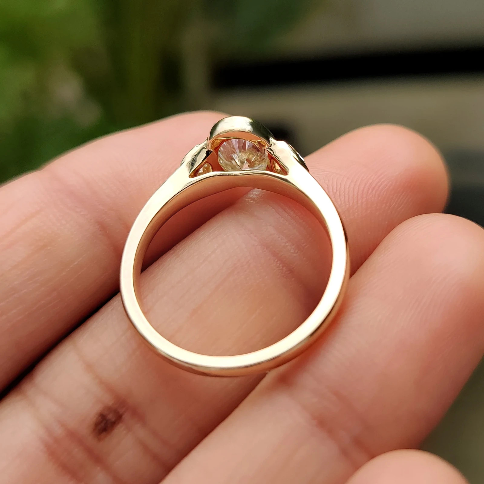 2.00CTOval Bezel Engagement Ring 9K Yellow Gold Lab Grown Diamond Trillion Sides