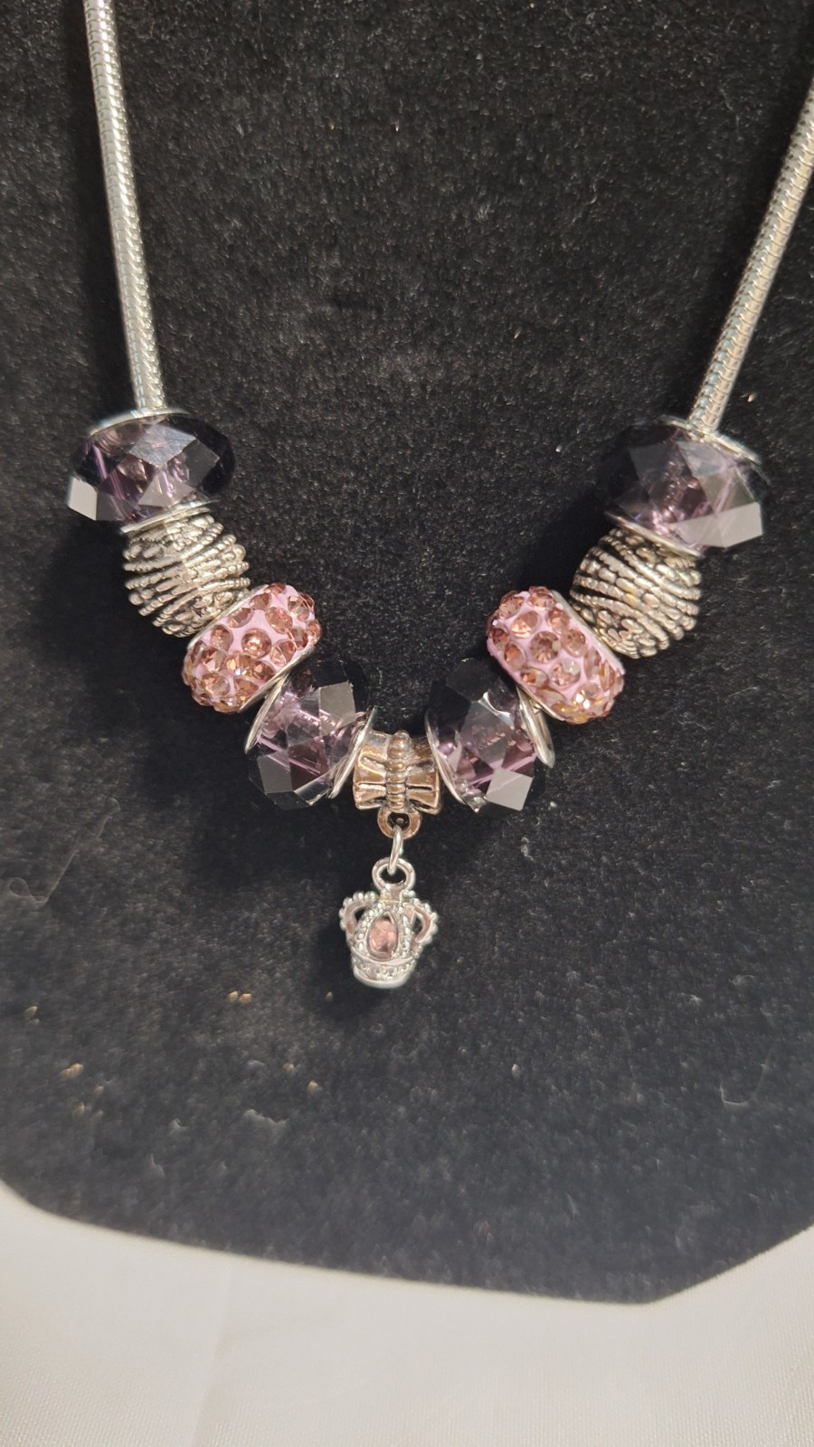 Silver Tone Purple Pink Crystal Rhinestone Heart Charm Pendant Snake Necklace
