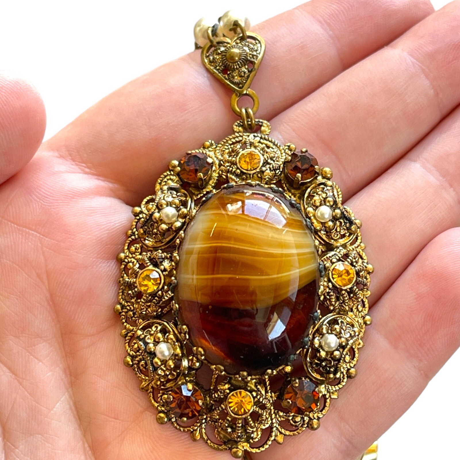 Vintage Western Germany Filigree Necklace Porphyry Glass Faux Pearls Gold Tone
