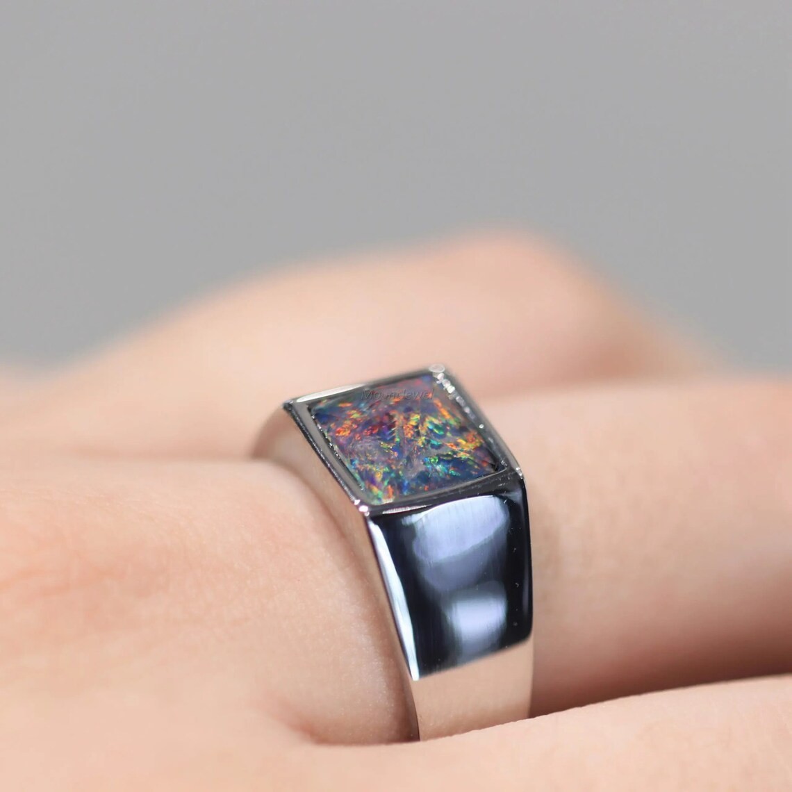 Blue Fire Opal Gemstone Signet Ring, 925 Sterling Silver Ring Gift For Friend
