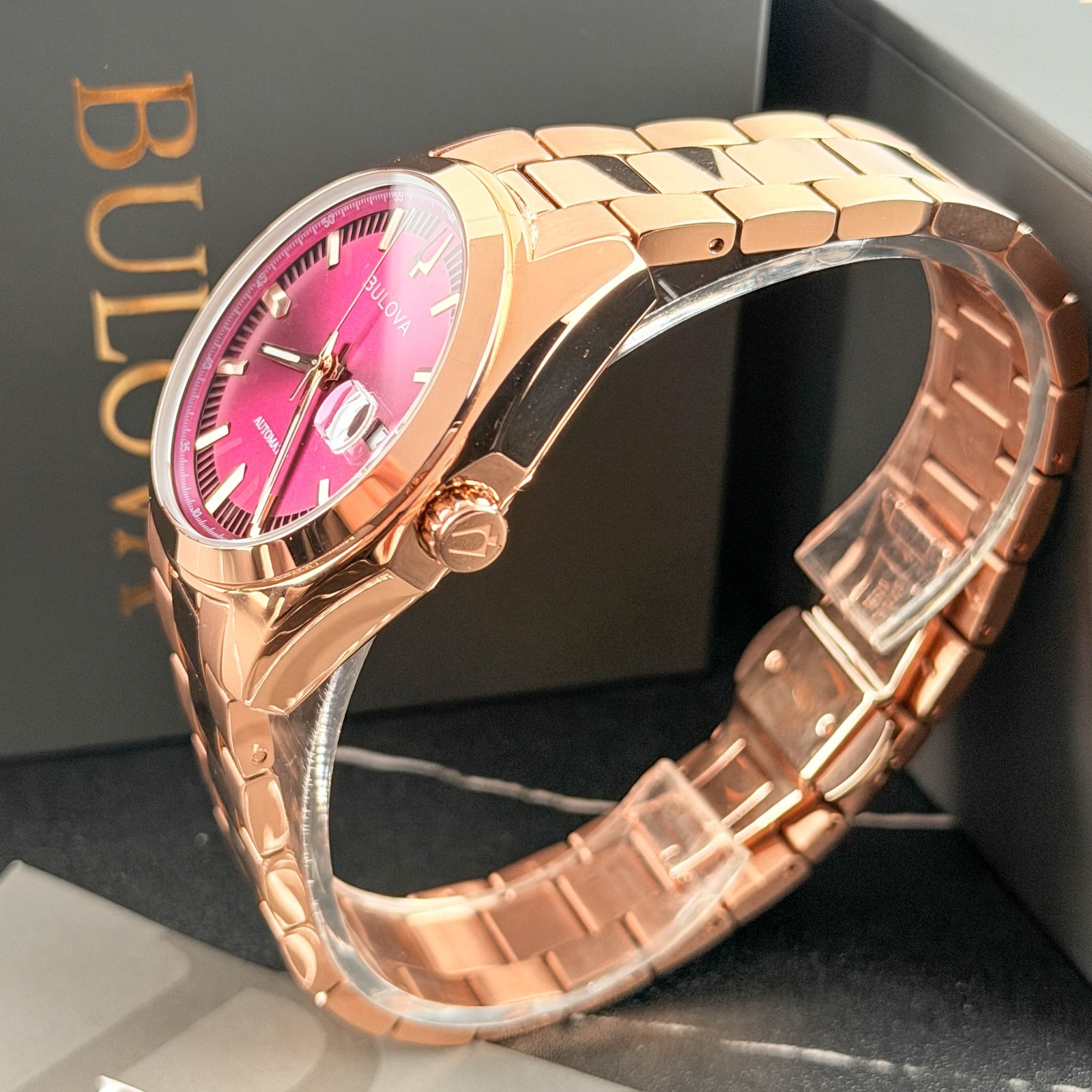 Bulova 97B234 Men’s Surveyor Automatic Red Dial Rose-Tone Steel Wrist Watch 39mm