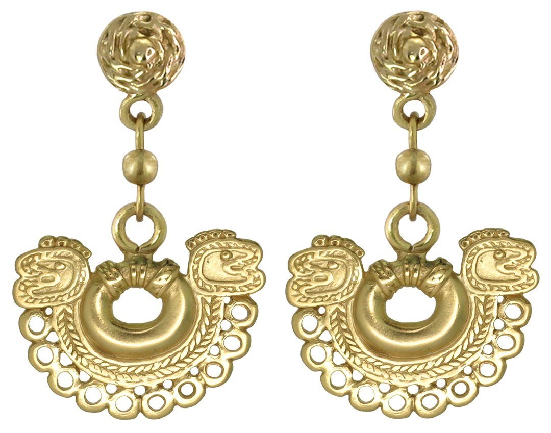 24k GP Pre-Columbian Embossed Crescent 1.5″ Dangle Earrings | Across The Puddle