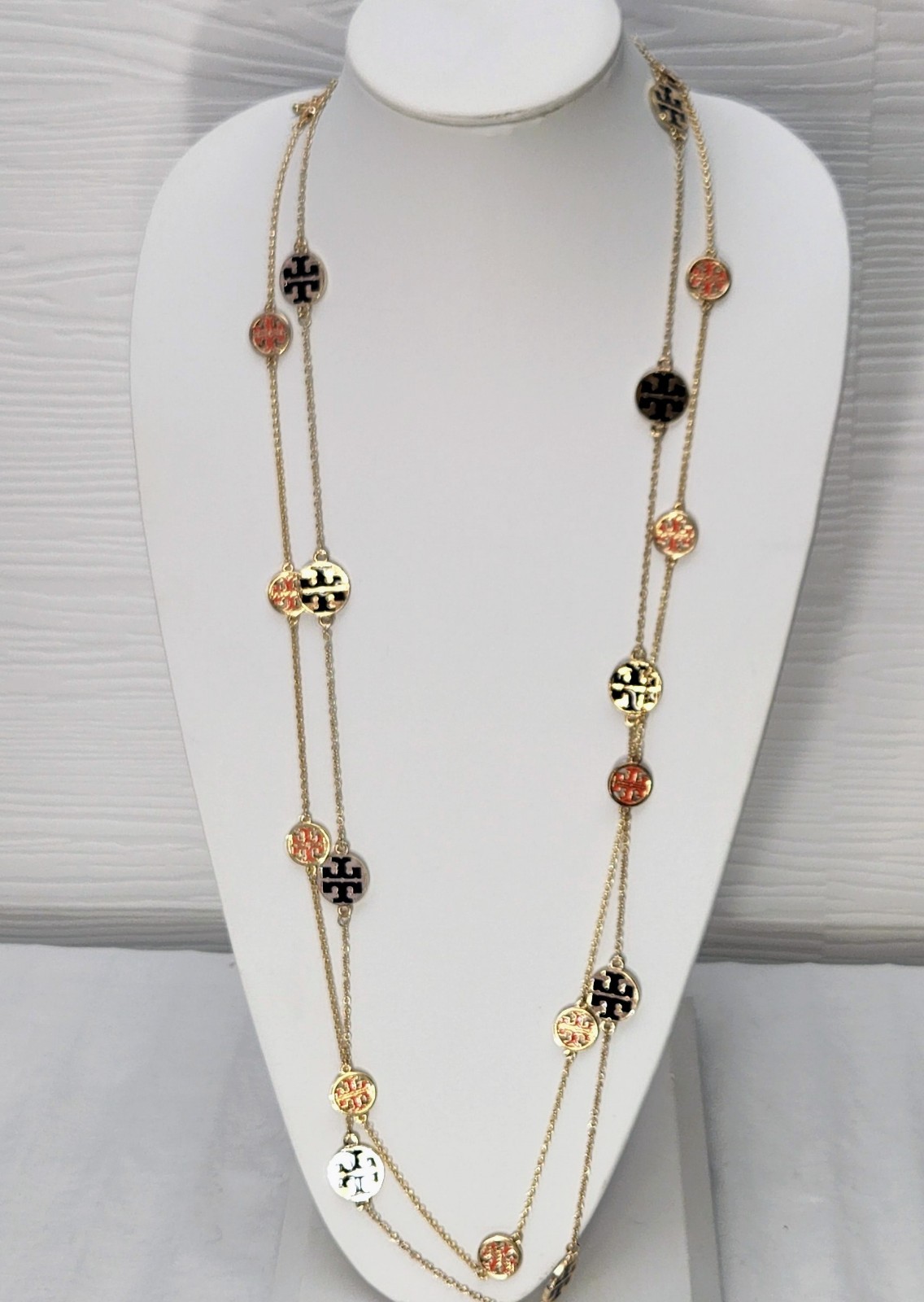 Tory Burch 2 Logo Necklaces Orange And Black 19.5″ Designer Layered