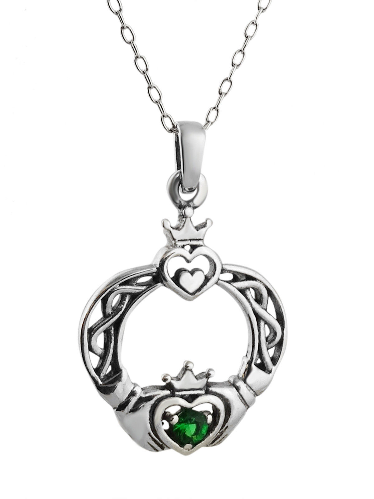 Sterling Silver Irish Claddagh Pendant Necklace with Green Class, 18″ Chain