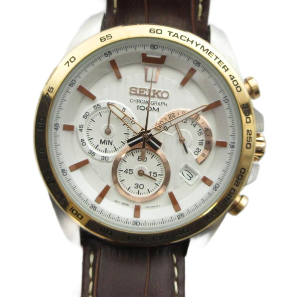 SEIKO 8T63 00G0 Watch Quartz Leather Belt Chronograph with Calendar Gold Color G