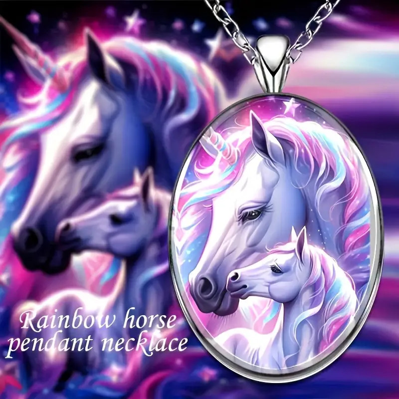 Unicorn Rainbow Horse Oval Jewelry Vintage Silvery Nature Pendant Necklace