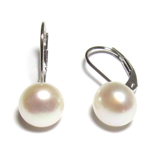 8-9mm AAA White Pearl Lever Back Earrings in 14K Yellow or White Gold