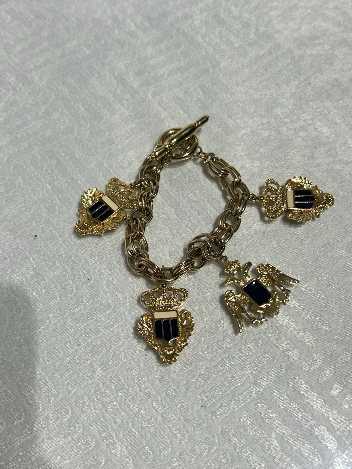 Vintage Gold Tone Heraldic Charm Bracelet Coat of Arms Eagle Crown