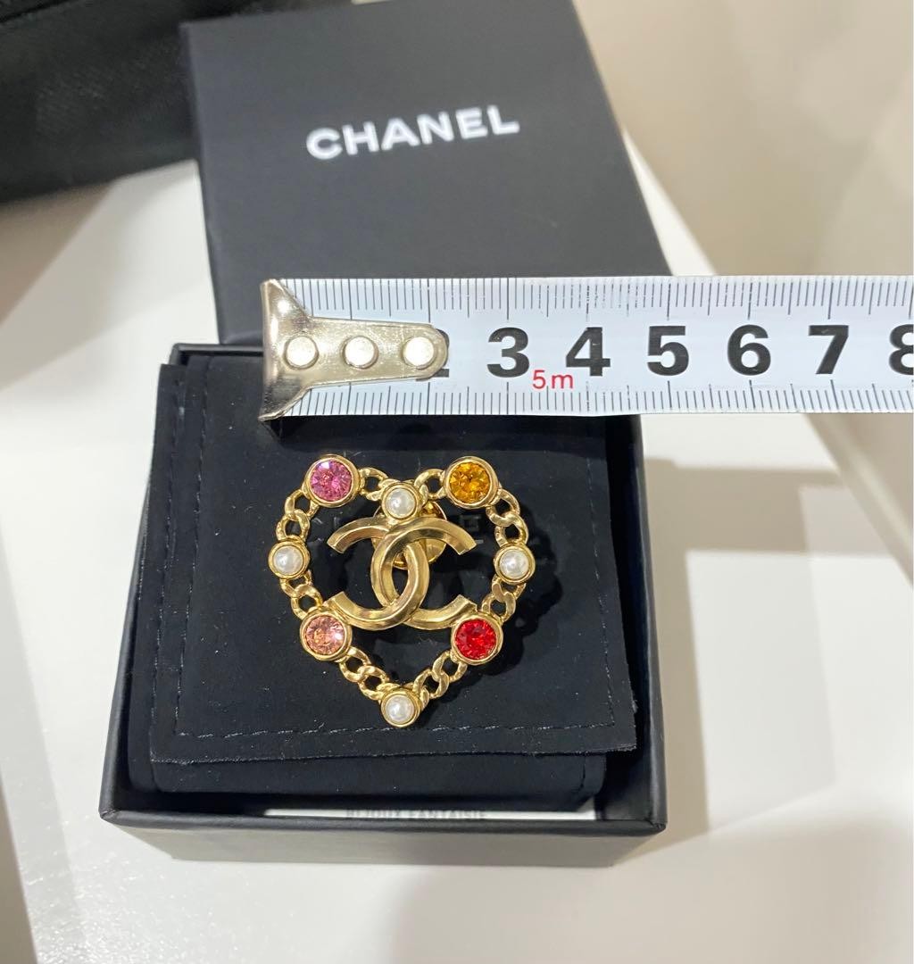 Chanel Heart Brooch Gold Coco Mark Logo Pearl Multicolor Stone Metal New W/Box