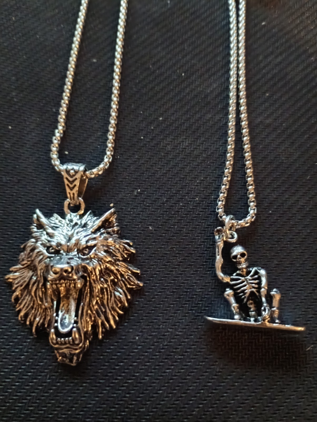 2 Silver-Colored Biker Style Chains with Wolf and Skull Design