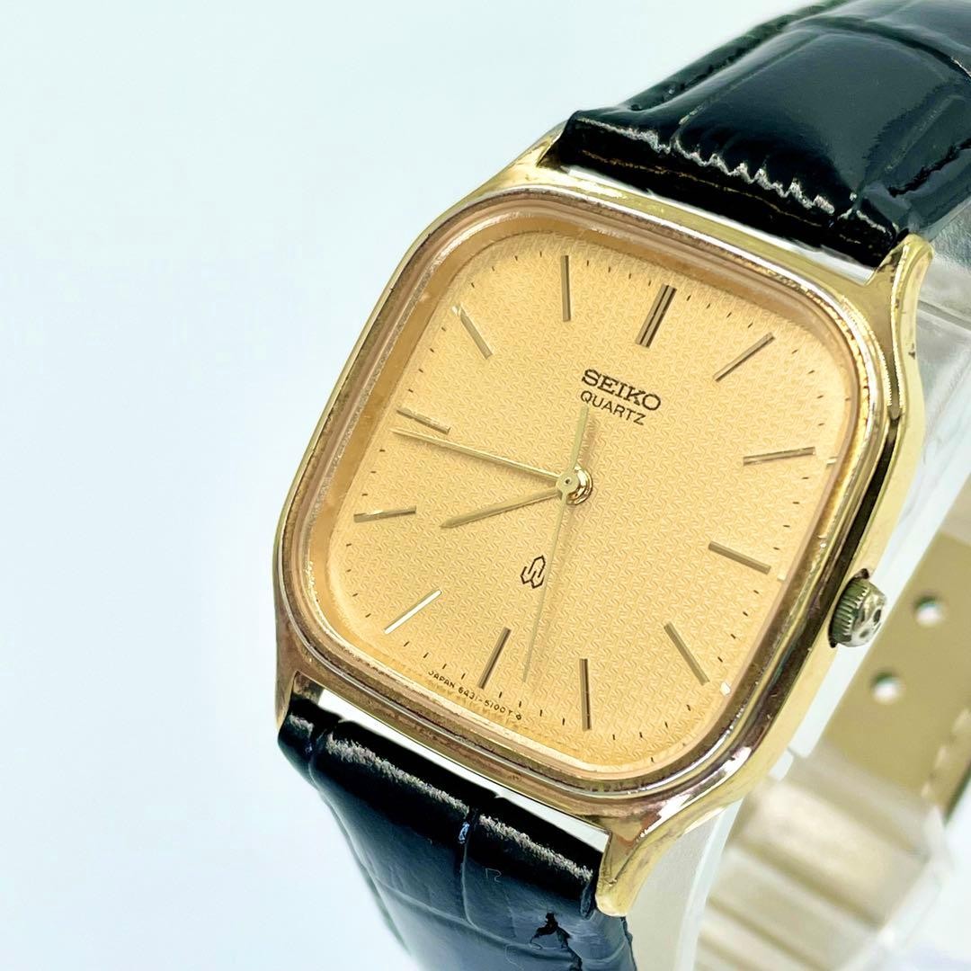 Seiko 35.6mm 19cm Wrist Quartz Mens Watch Black Dial Gold New Battery Japan