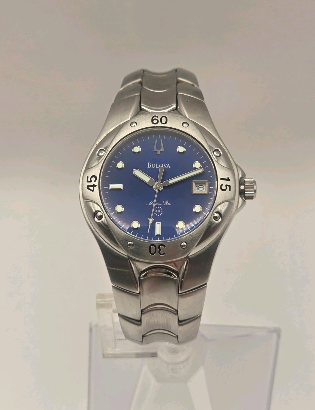 Neo Vintage Bulova Marine Star 96B49 Blue Dial Date Mens Quartz Watch- New Batt.
