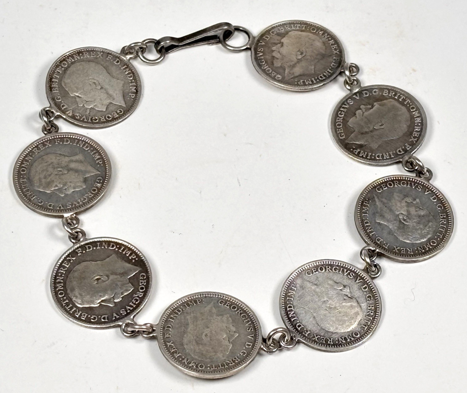 Vintage Silver Charm Bracelet King George V Three Pence Coins British Retro