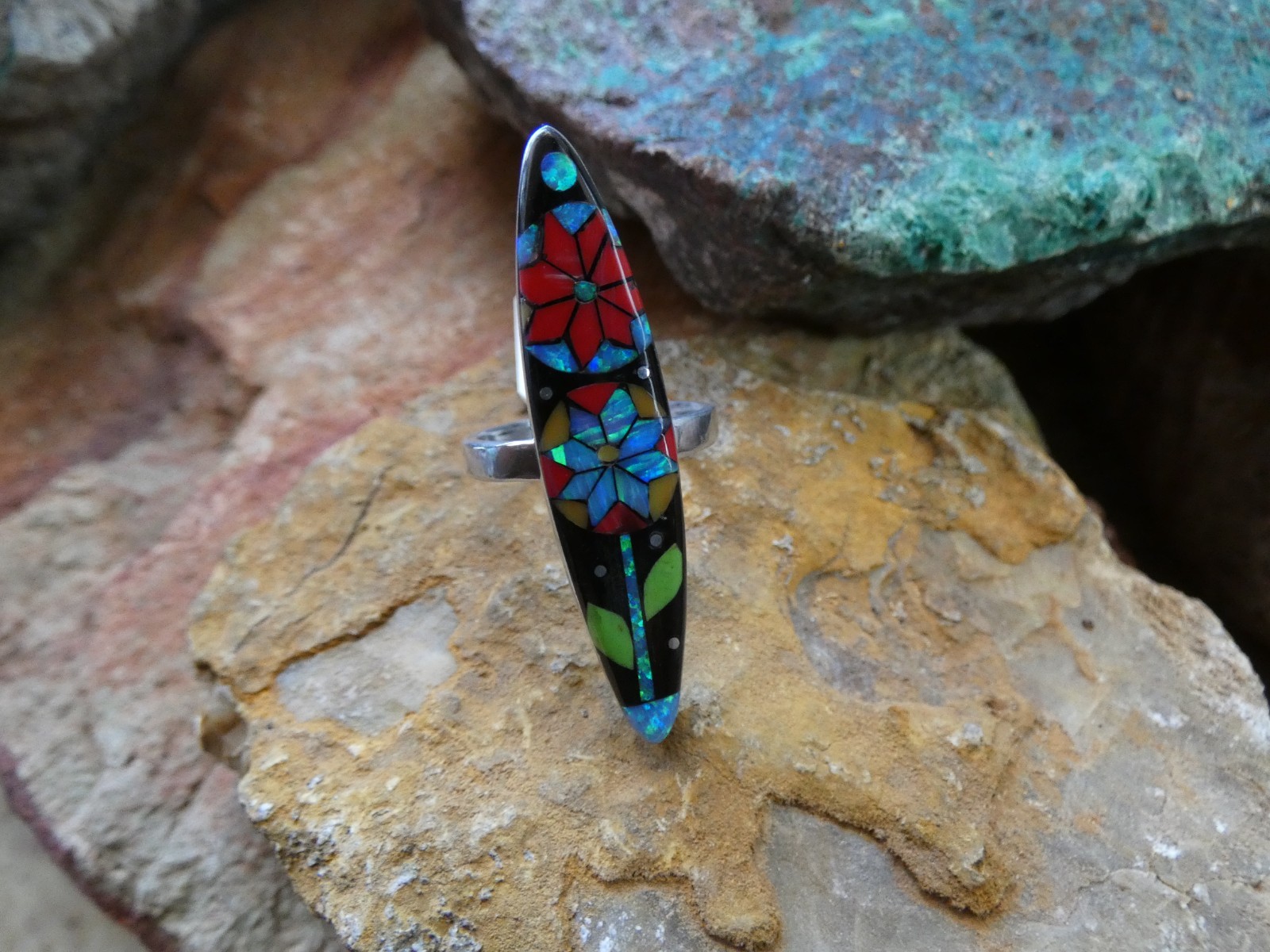 Flower Micro Inlay Gemstone Aluminum Sterling Silver Alloy Size 10 Ring NEW AR83