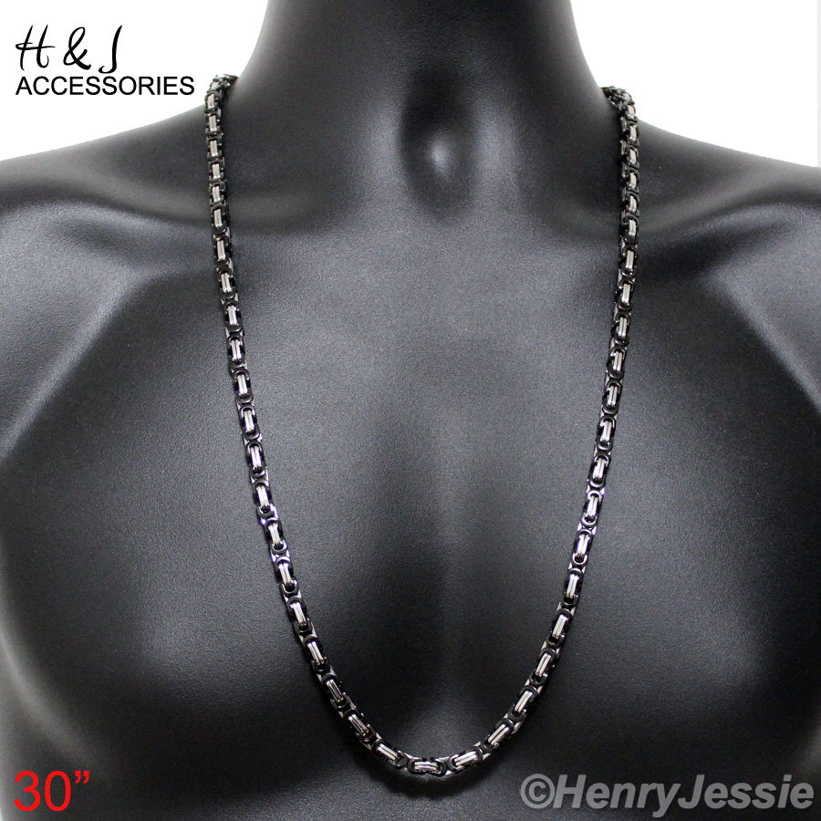 18-40″Stainless Steel 6mm Silver/Black Plated Byzantine Box Chain Necklace*NS
