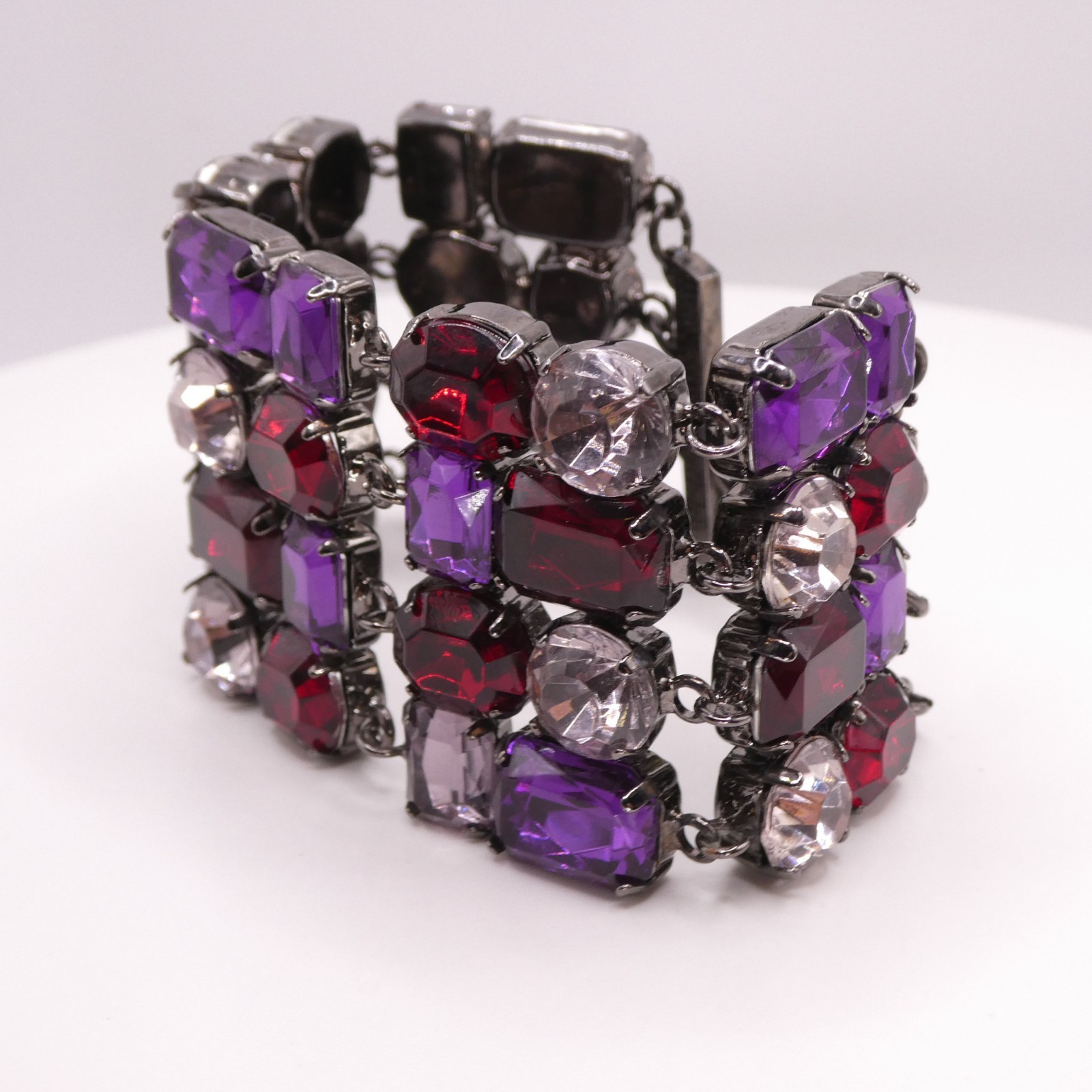 Vintage Purple Acrylic Rhinestone Adjustable 7-9″ Gunmetal Tone Wide Bracelet