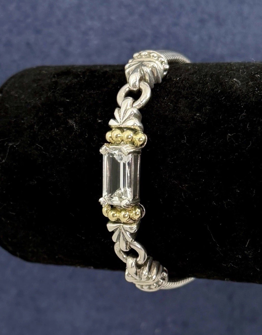 LAGOS CAVIAR Sterling Silver 18K Yellow Gold Faceted White Topaz 6.75” Bracelet