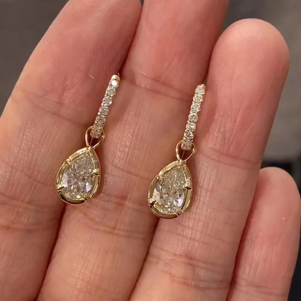 Pear 3 CT EF-VS1 Lab Grown Diamond Wedding Drop Dangle Earrings 14K Yellow Gold