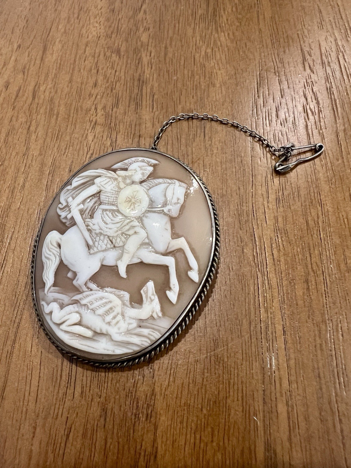 Large Antique 5.5cm Shell Cameo Brooch Saint George Slaying Dragon Silver c1920
