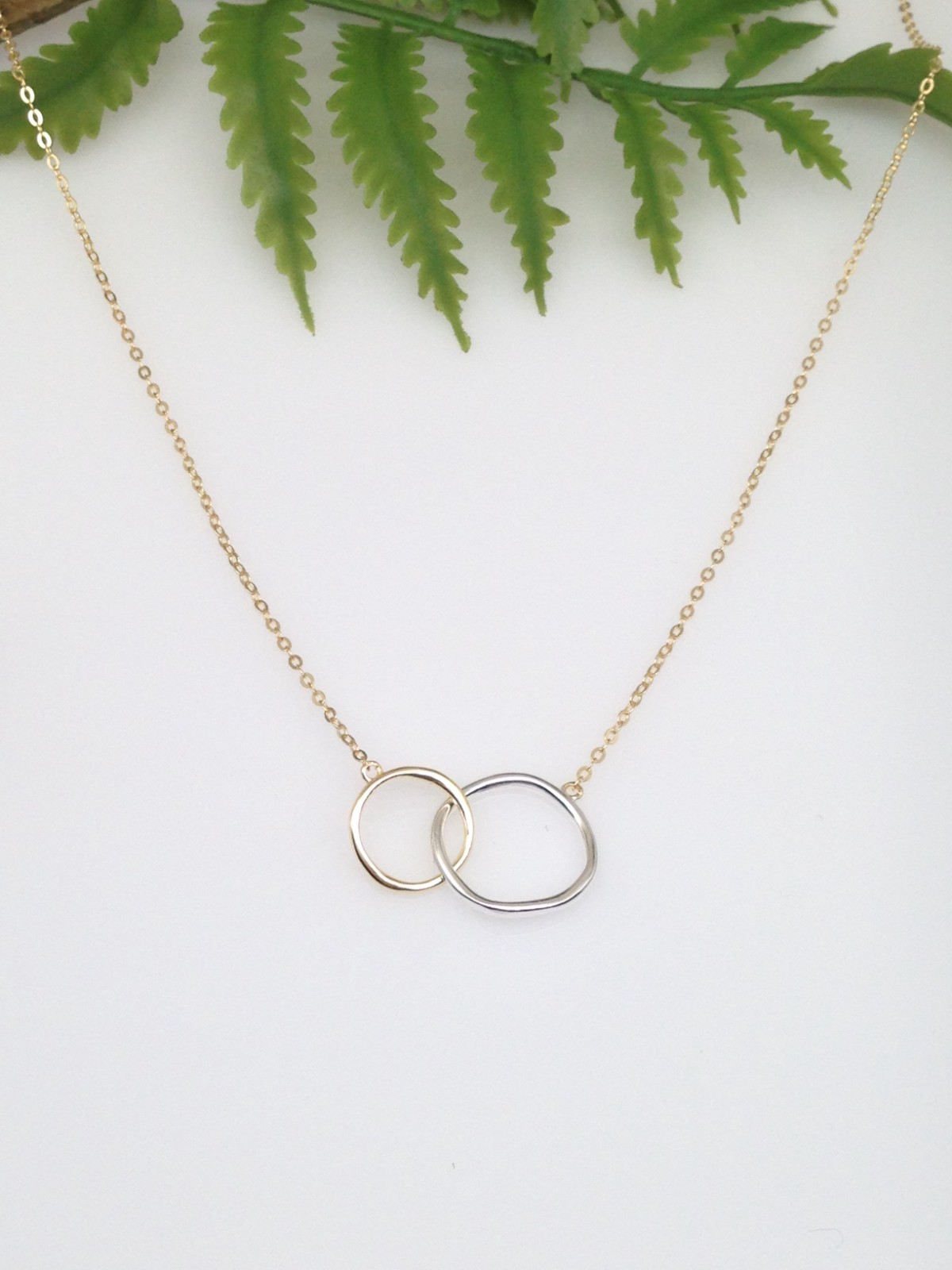 925 Sterling Silver Two Tone Circle Pendant Necklace Interlocked 10.8/14mm Women