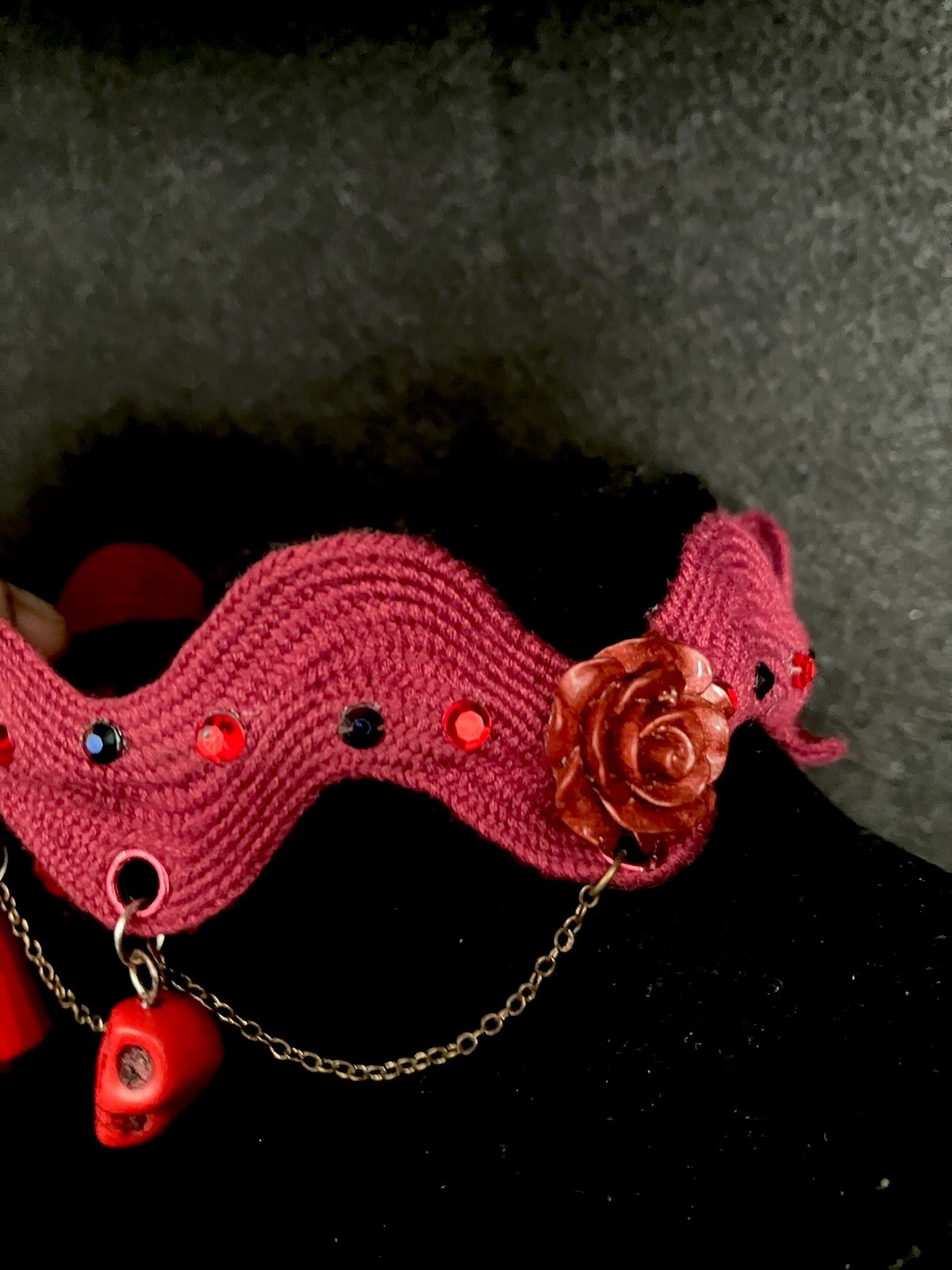 Maroon And Red Skull And Rose Spring Back Choker, MiaChavi Geekery