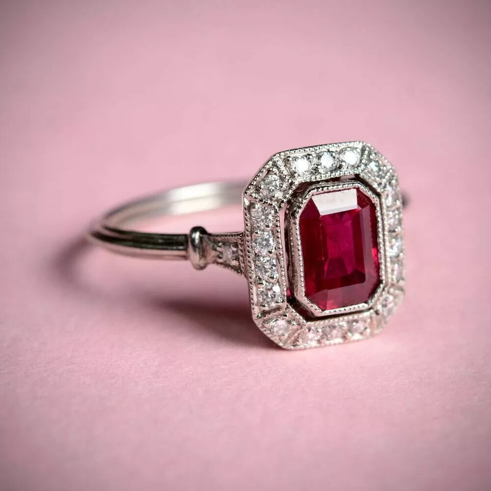 Vintage Art Deco Style Lab Created Red Ruby Engagement Ring 14k White Gold FN