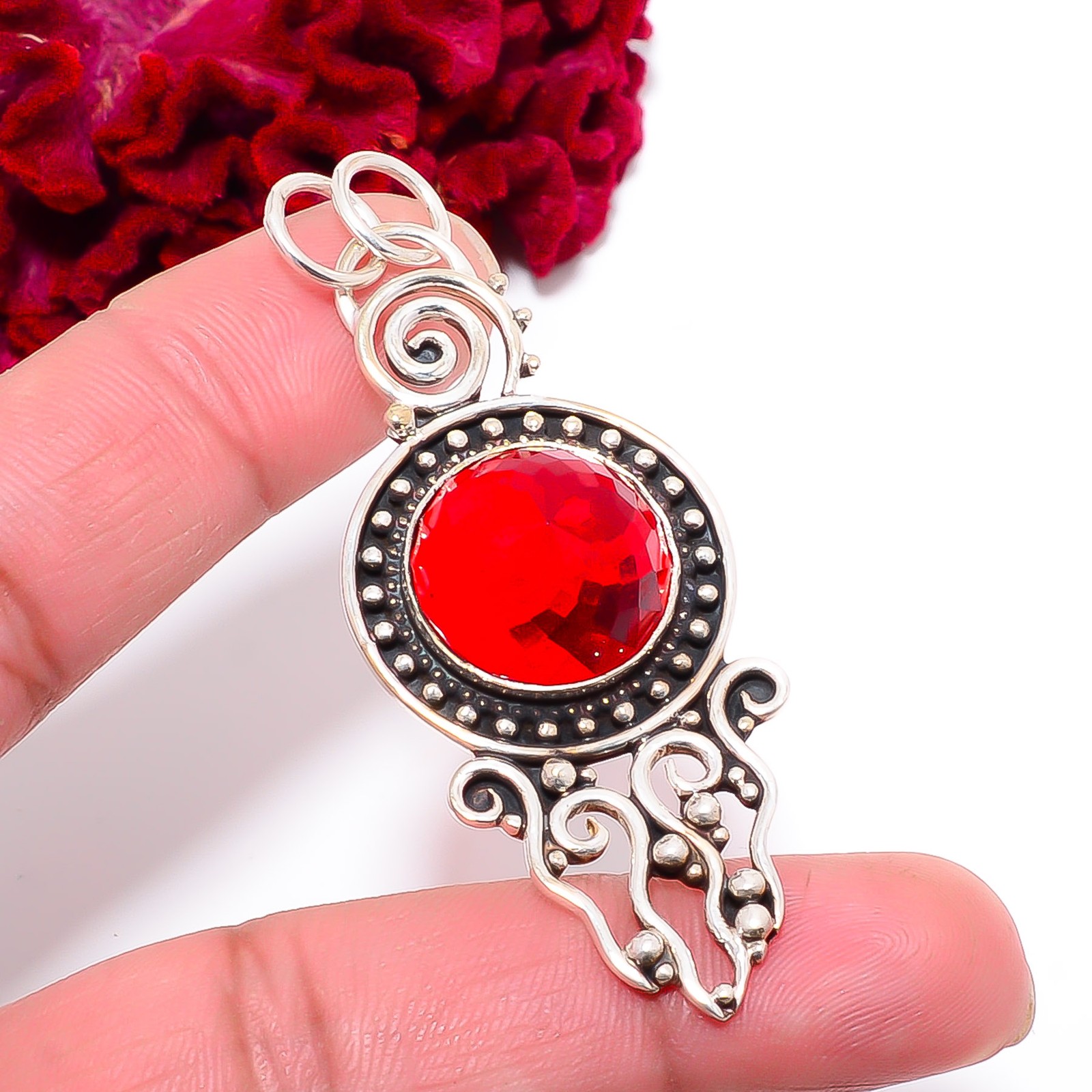 Red Garnet Designer Handmade 925 Sterling Silver Pendant 2.34″ P1017896767