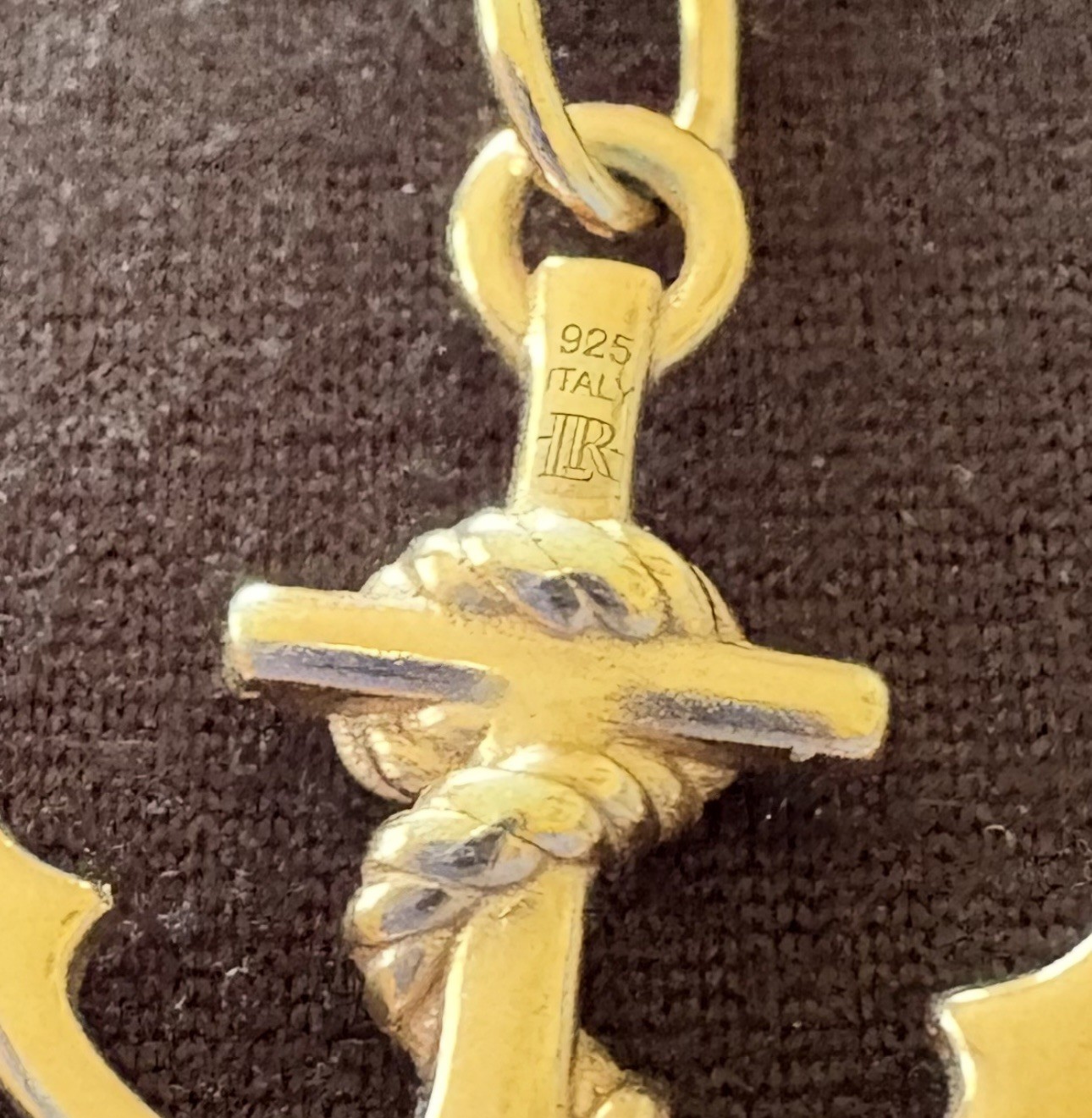 925 Italy Goldtone Over Sterling Silver Anchor Pendant & Rope Chain 22”