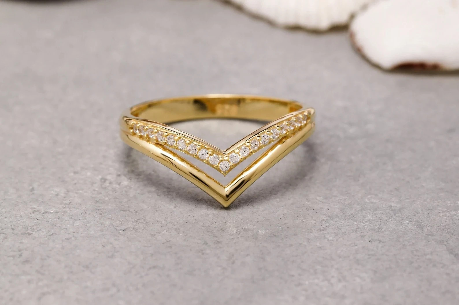 1.85 Ct Round Cut Simulated Diamond “V” Shape Ring 14k Yellow Gold Plated Silver